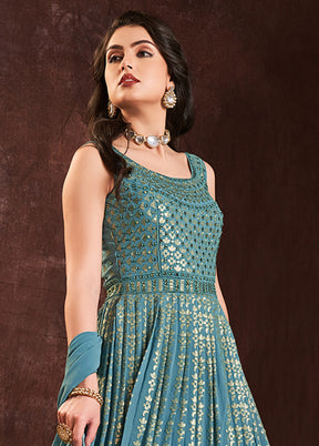 2 Pc Blue Readymade Pure Georgette Gown VDKSH16062092 - Indian Silk House Agencies