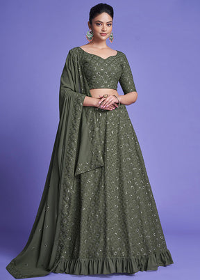 3 Pc Mehendi Georgette Semi Stitched Lehenga Set - Indian Silk House Agencies