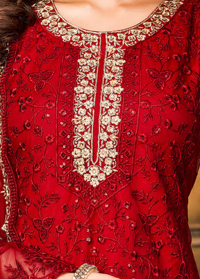 3 Pc Red Semi Stitched Net Suit Set VDKSH11072079 - Indian Silk House Agencies