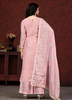 3 Pc Peach Unstitched Silk Suit Set VDKSH01082078 - Indian Silk House Agencies