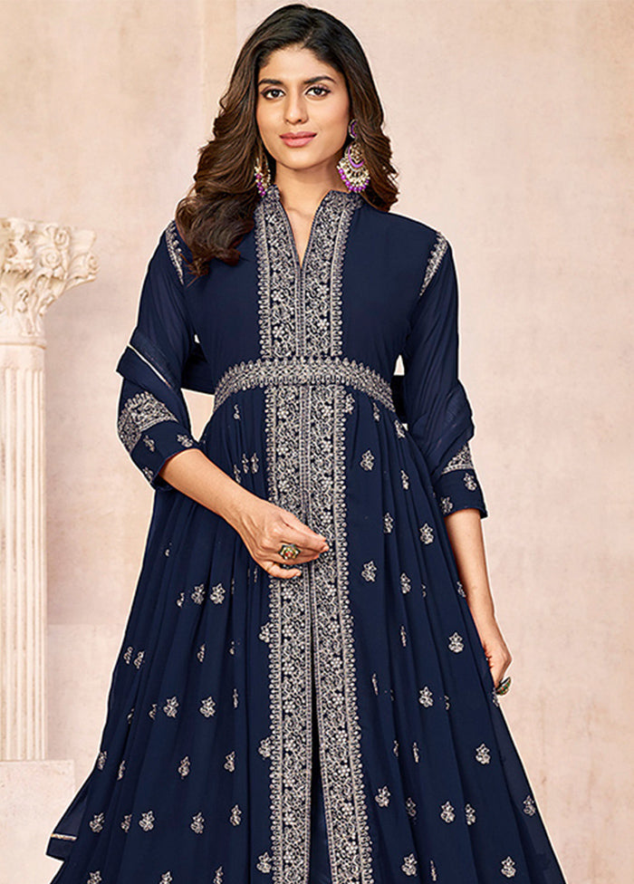 3 Pc Blue Semi Stitched Georgette Suit Set VDKSH14082159 - Indian Silk House Agencies