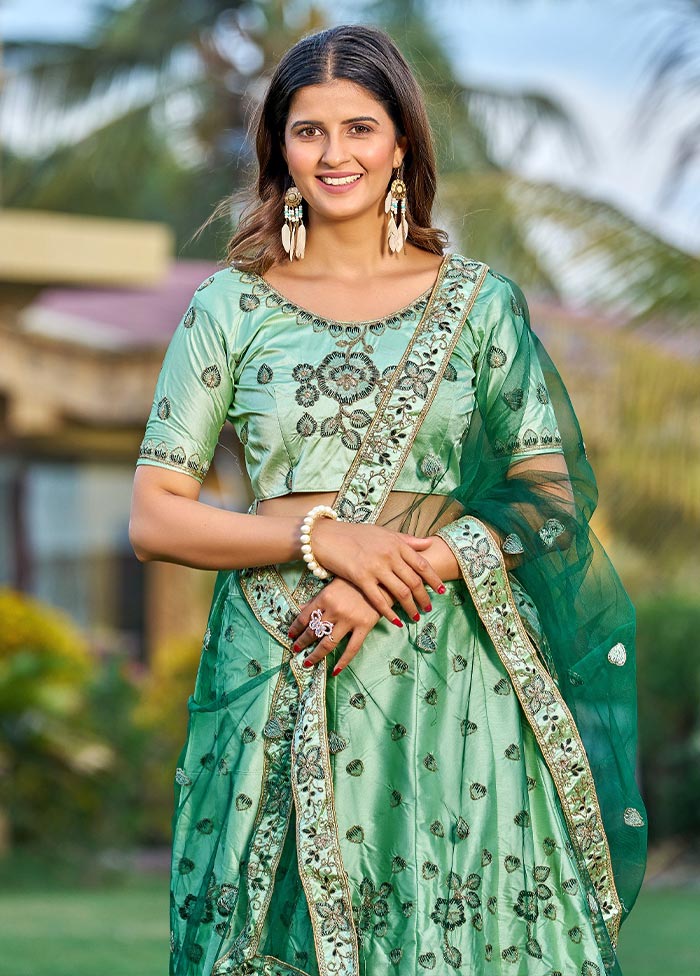 3 Pc Green Silk Semi Stitched Lehenga Set - Indian Silk House Agencies