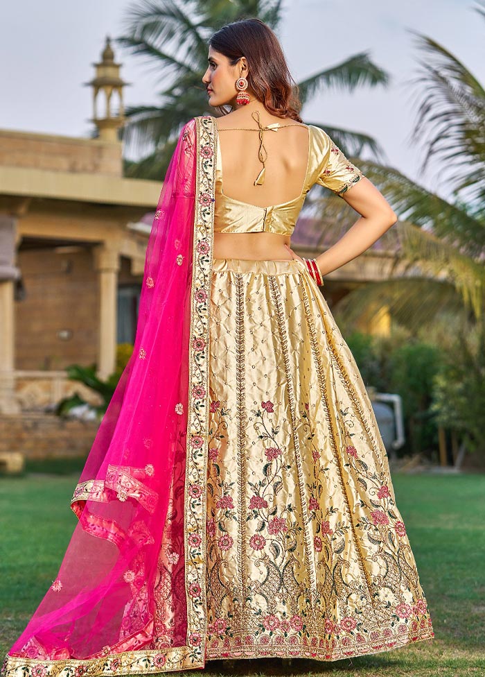 3 Pc Cream Silk Semi Stitched Lehenga Set - Indian Silk House Agencies