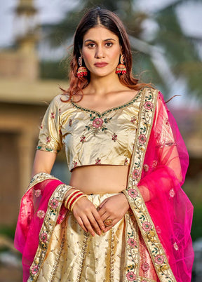 3 Pc Cream Silk Semi Stitched Lehenga Set - Indian Silk House Agencies