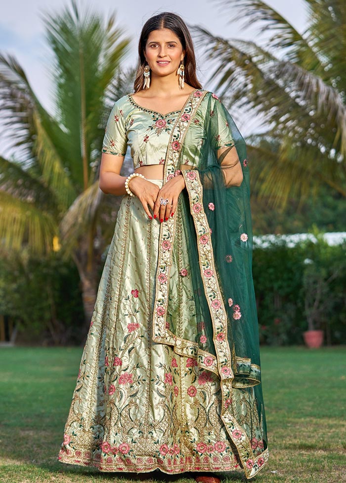 3 Pc Light Green Silk Semi Stitched Lehenga Set - Indian Silk House Agencies