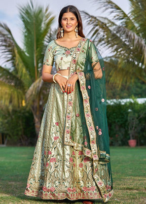 3 Pc Light Green Silk Semi Stitched Lehenga Set - Indian Silk House Agencies