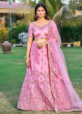 3 Pc Pink Silk Semi Stitched Lehenga Set - Indian Silk House Agencies