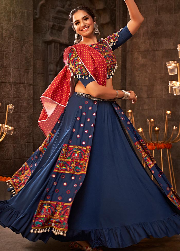 3 Pc Blue Viscose Semi Stitched Lehenga Set - Indian Silk House Agencies