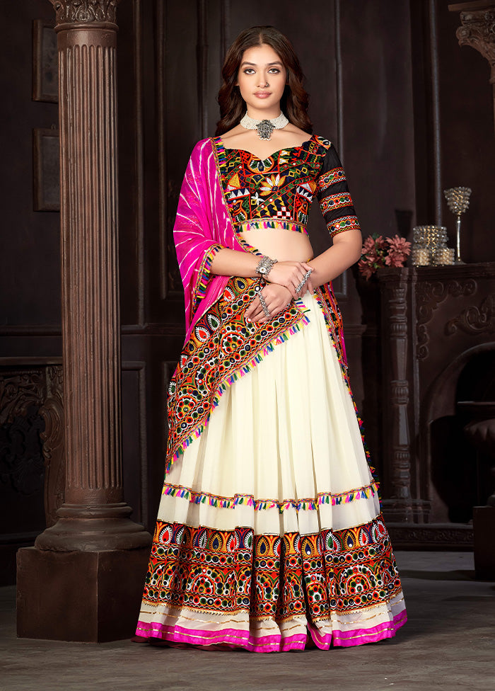 3 Pc Cream Georgette Semi Stitched Lehenga Set - Indian Silk House Agencies