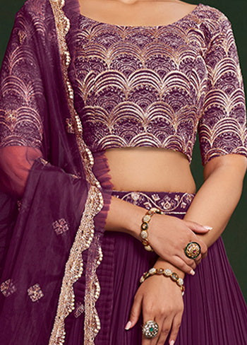 3 Pc Purple Georgette Semi Stitched Lehenga Set - Indian Silk House Agencies