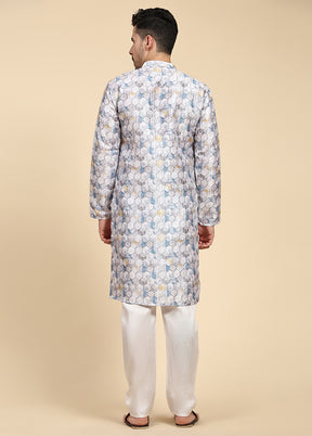 Multicolor Mandarin Collar Dupion Silk Kurta - Indian Silk House Agencies
