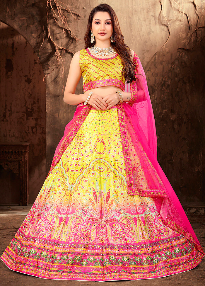3 Pc Yellow Silk Semi Stitched Lehenga Set - Indian Silk House Agencies