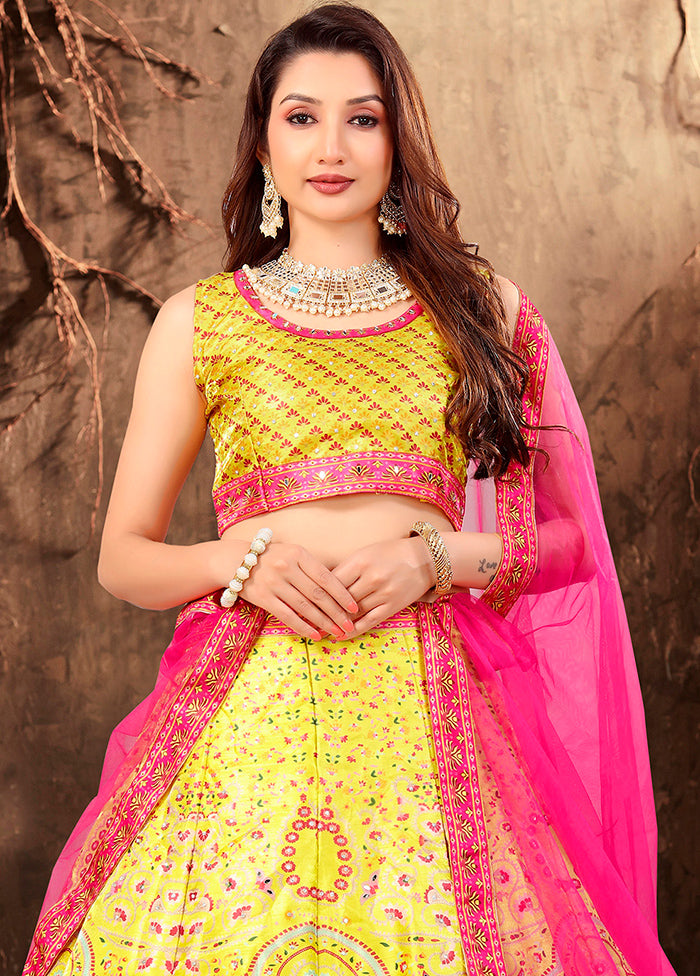 3 Pc Yellow Silk Semi Stitched Lehenga Set - Indian Silk House Agencies