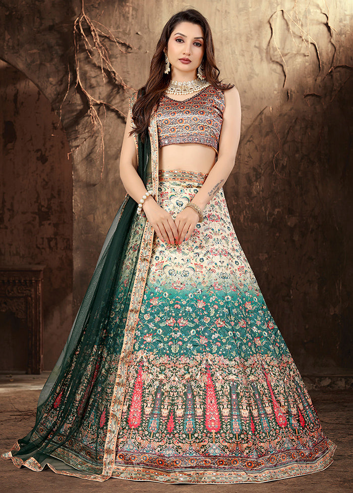 3 Pc Beige Silk Semi Stitched Lehenga Set - Indian Silk House Agencies