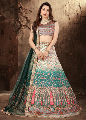 3 Pc Beige Silk Semi Stitched Lehenga Set - Indian Silk House Agencies