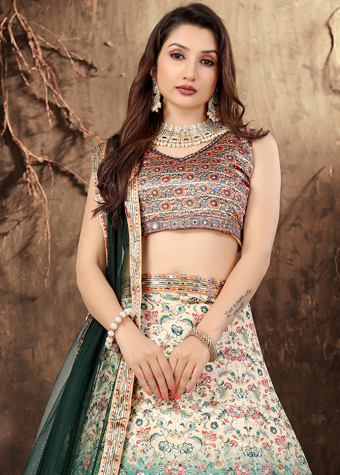 3 Pc Beige Silk Semi Stitched Lehenga Set - Indian Silk House Agencies