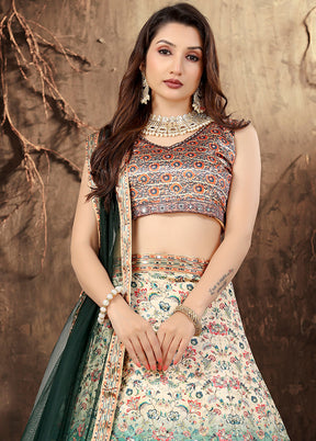 3 Pc Beige Silk Semi Stitched Lehenga Set - Indian Silk House Agencies