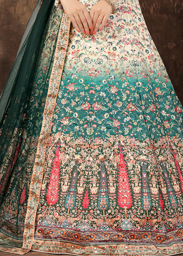 3 Pc Beige Silk Semi Stitched Lehenga Set - Indian Silk House Agencies