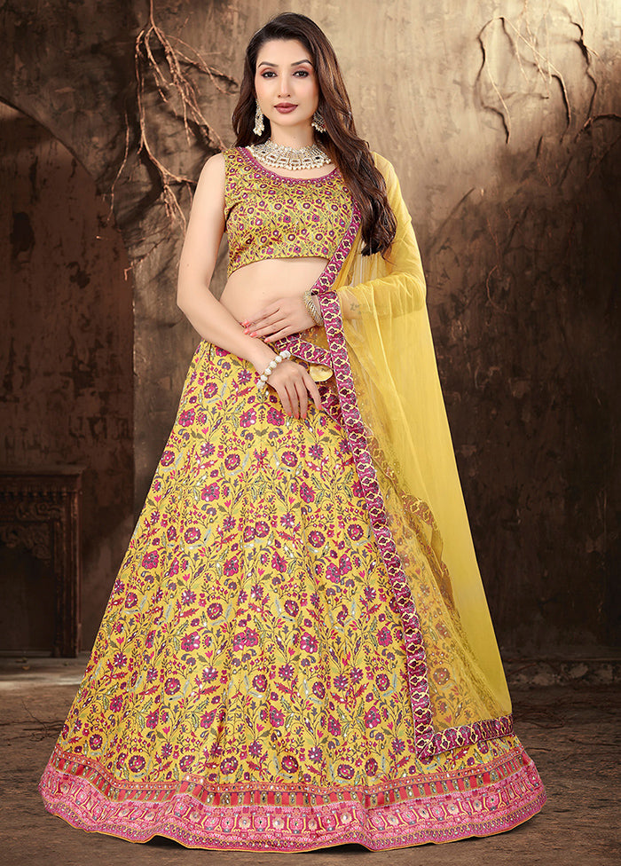 3 Pc Yellow Silk Semi Stitched Lehenga Set - Indian Silk House Agencies