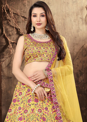 3 Pc Yellow Silk Semi Stitched Lehenga Set - Indian Silk House Agencies