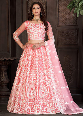 3 Pc Peach Net Semi Stitched Lehenga Set - Indian Silk House Agencies