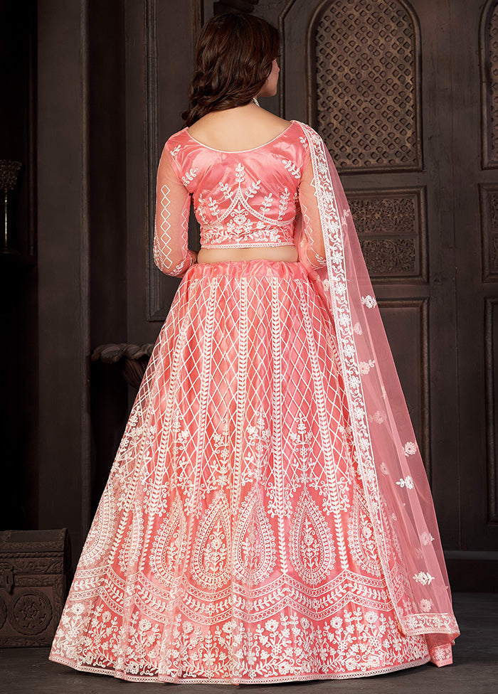 3 Pc Peach Net Semi Stitched Lehenga Set - Indian Silk House Agencies