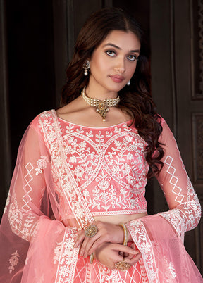 3 Pc Peach Net Semi Stitched Lehenga Set - Indian Silk House Agencies