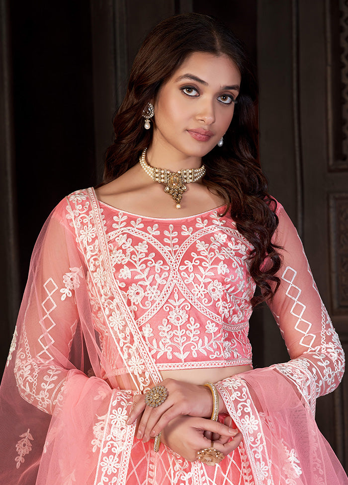 3 Pc Peach Net Semi Stitched Lehenga Set - Indian Silk House Agencies