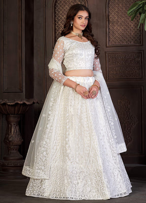 3 Pc White Net Semi Stitched Lehenga Set - Indian Silk House Agencies
