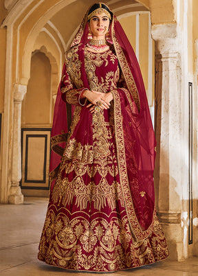 3 Pc Maroon Velvet Semi Stitched Lehenga Set - Indian Silk House Agencies