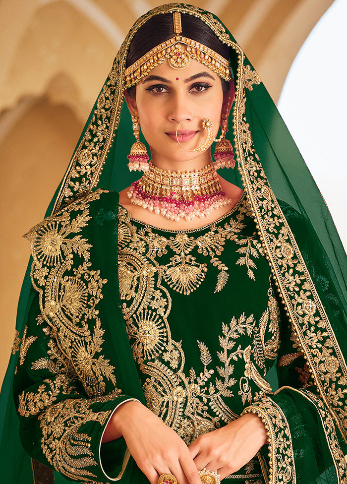 3 Pc Green Velvet Semi Stitched Lehenga Set - Indian Silk House Agencies