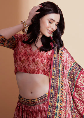 3 Pc Peach Silk Semi Stitched Lehenga Set - Indian Silk House Agencies