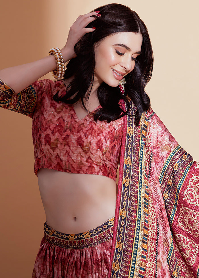 3 Pc Peach Silk Semi Stitched Lehenga Set - Indian Silk House Agencies