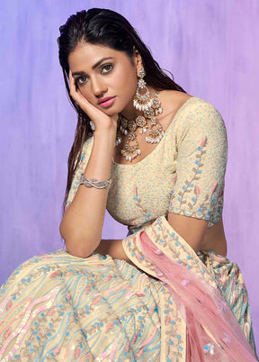 3 Pc Off White Net Semi Stitched Lehenga Set - Indian Silk House Agencies