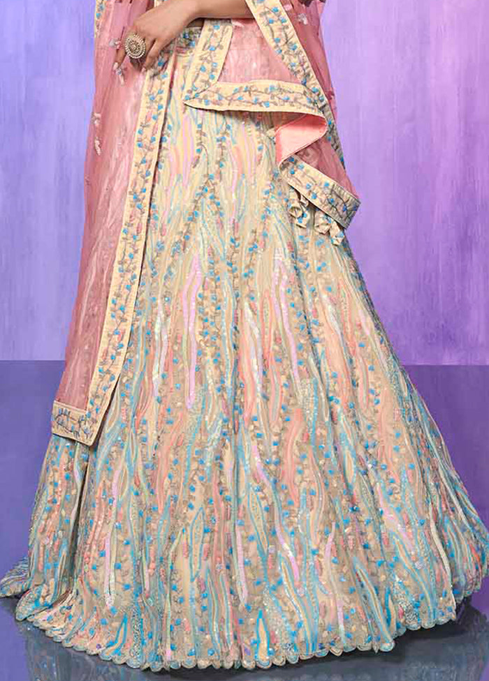 3 Pc Off White Net Semi Stitched Lehenga Set - Indian Silk House Agencies