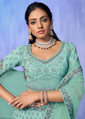 3 Pc Aqua Georgette Semi Stitched Lehenga Set - Indian Silk House Agencies