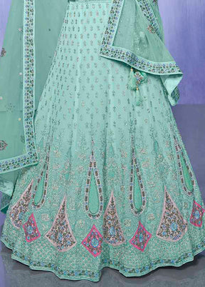 3 Pc Aqua Georgette Semi Stitched Lehenga Set - Indian Silk House Agencies