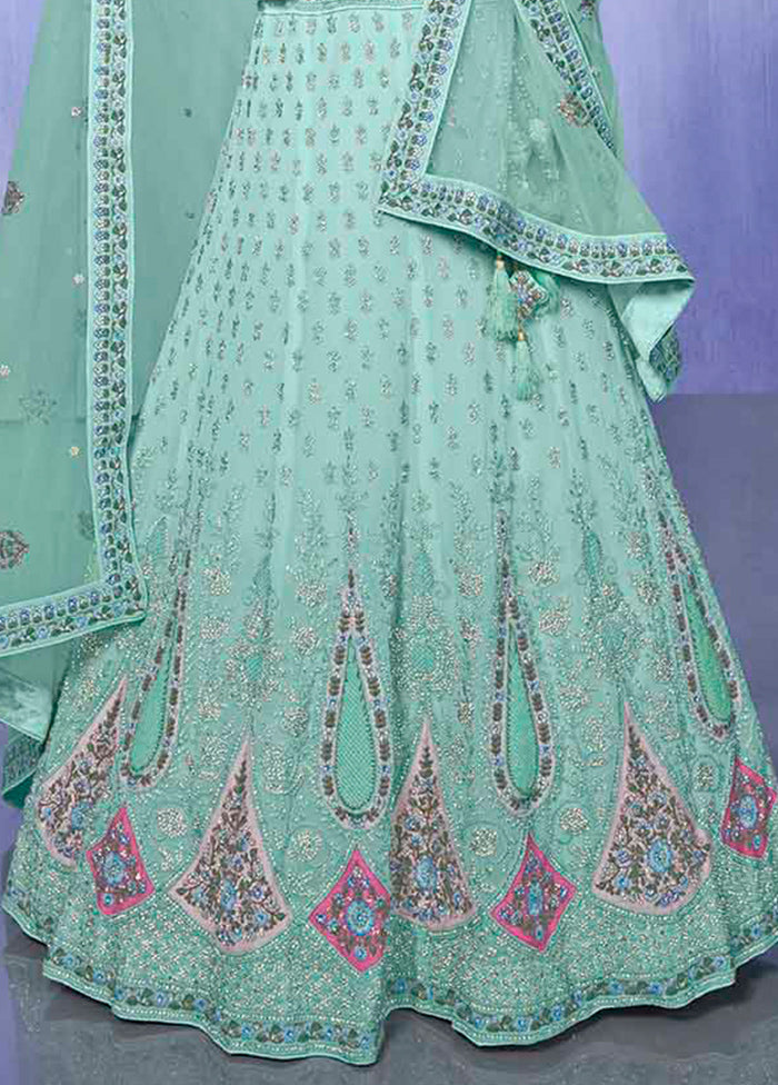 3 Pc Aqua Georgette Semi Stitched Lehenga Set - Indian Silk House Agencies