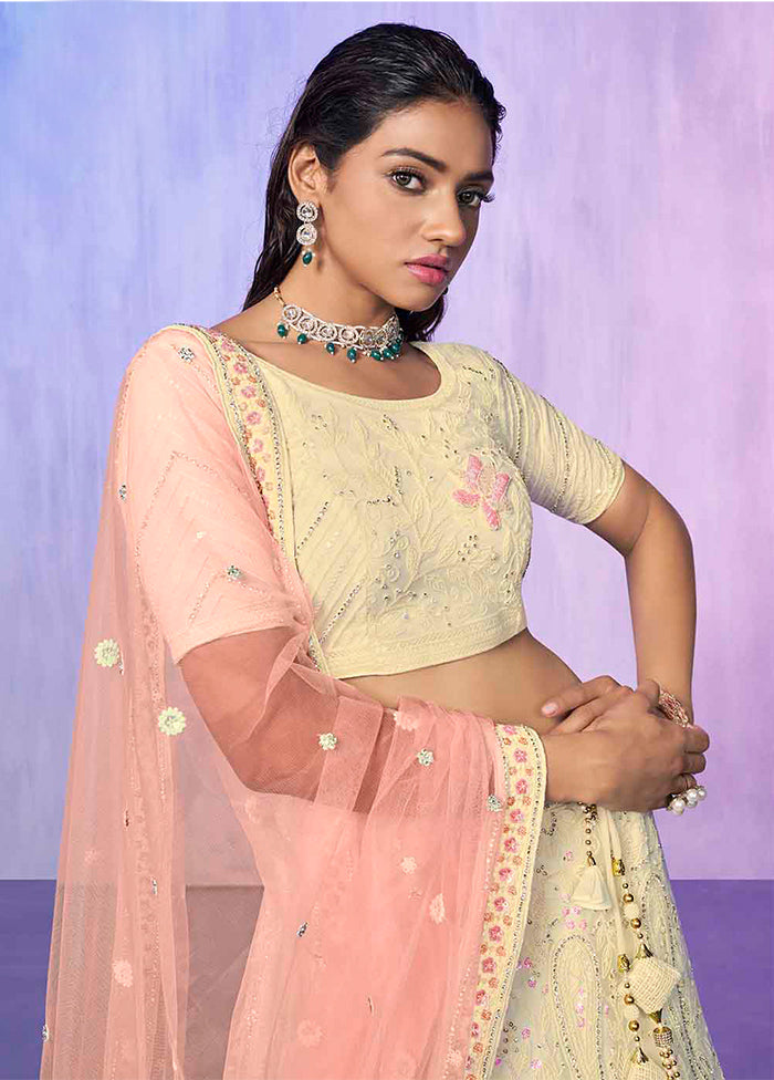 3 Pc Off White Net Semi Stitched Lehenga Set - Indian Silk House Agencies