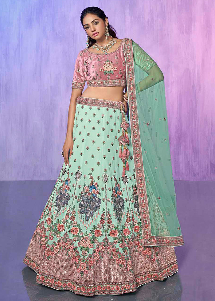 3 Pc Aqua Georgette Semi Stitched Lehenga Set - Indian Silk House Agencies