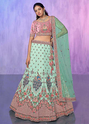 3 Pc Aqua Georgette Semi Stitched Lehenga Set - Indian Silk House Agencies