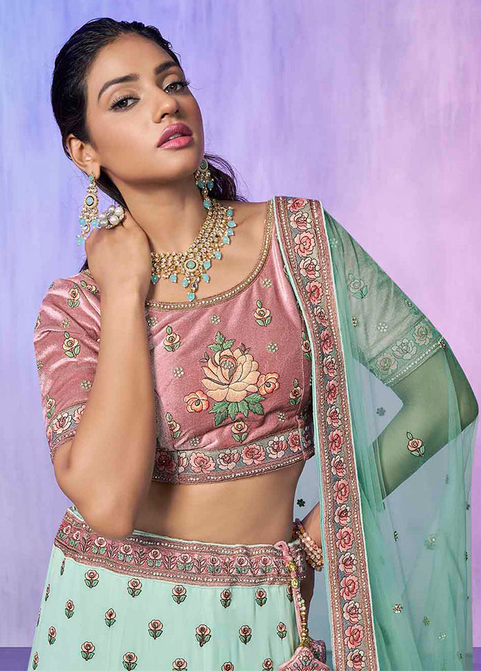 3 Pc Aqua Georgette Semi Stitched Lehenga Set - Indian Silk House Agencies
