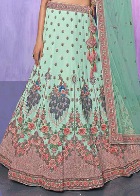 3 Pc Aqua Georgette Semi Stitched Lehenga Set - Indian Silk House Agencies