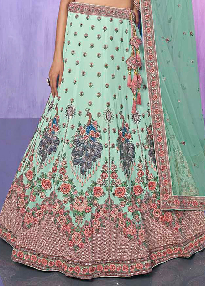 3 Pc Aqua Georgette Semi Stitched Lehenga Set - Indian Silk House Agencies