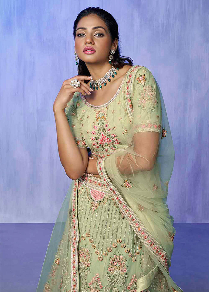 3 Pc Pista Green Net Semi Stitched Lehenga Set - Indian Silk House Agencies