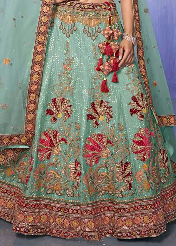 3 Pc Turquoise Velvet Semi Stitched Lehenga Set - Indian Silk House Agencies