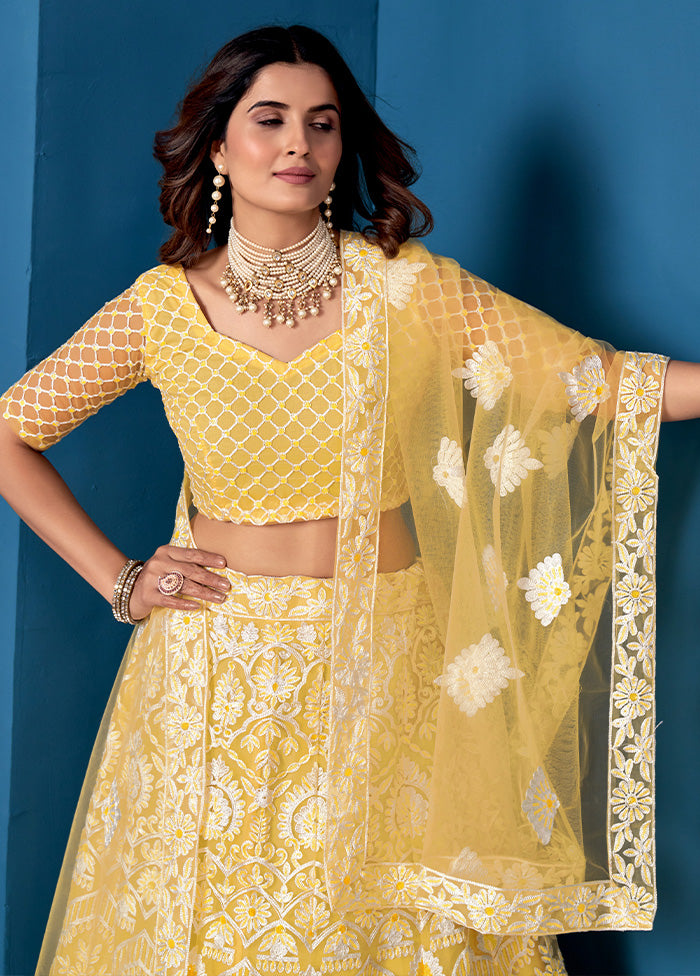 3 Pc Yellow Net Semi Stitched Lehenga Set - Indian Silk House Agencies