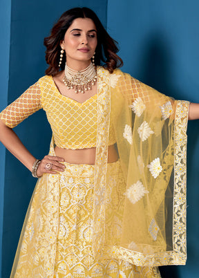3 Pc Yellow Net Semi Stitched Lehenga Set - Indian Silk House Agencies