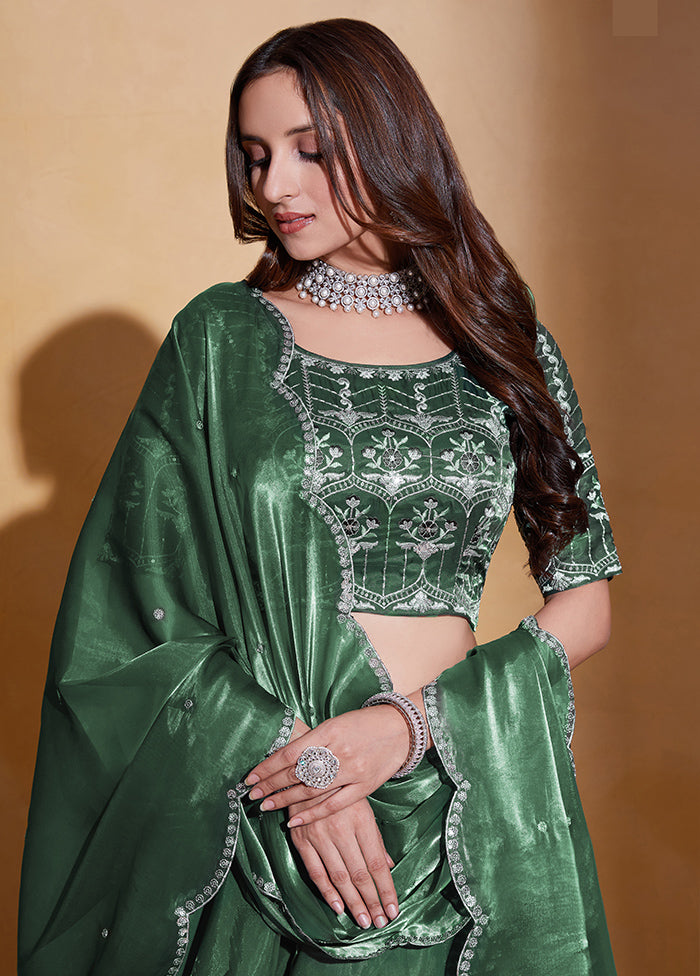 3 Pc Green Net Semi Stitched Lehenga Set - Indian Silk House Agencies