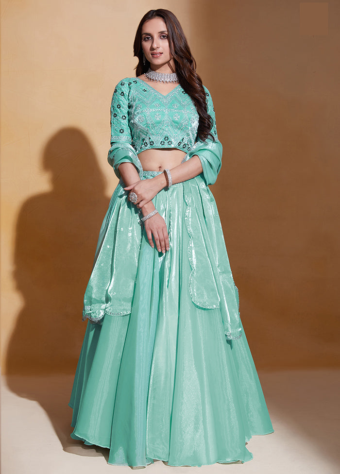 3 Pc Sea Green Net Semi Stitched Lehenga Set - Indian Silk House Agencies